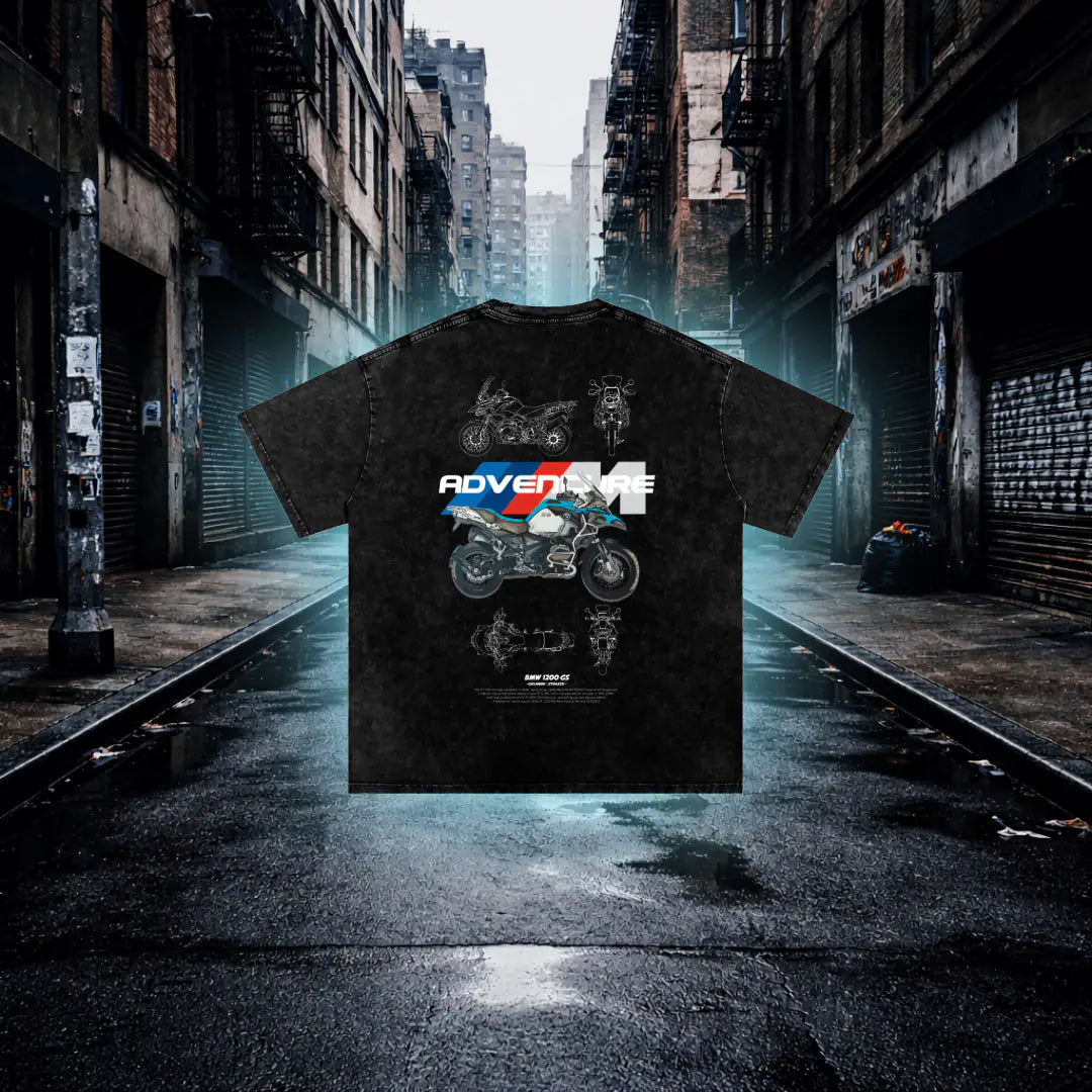 Black t-shirt with motorcycle graphics and 'ADVENTURE' text over an urban alleyway background GS1000 Adventure Oversized T-Shirt – Premium Biker Streetwear Graphic Tee T-Shirt