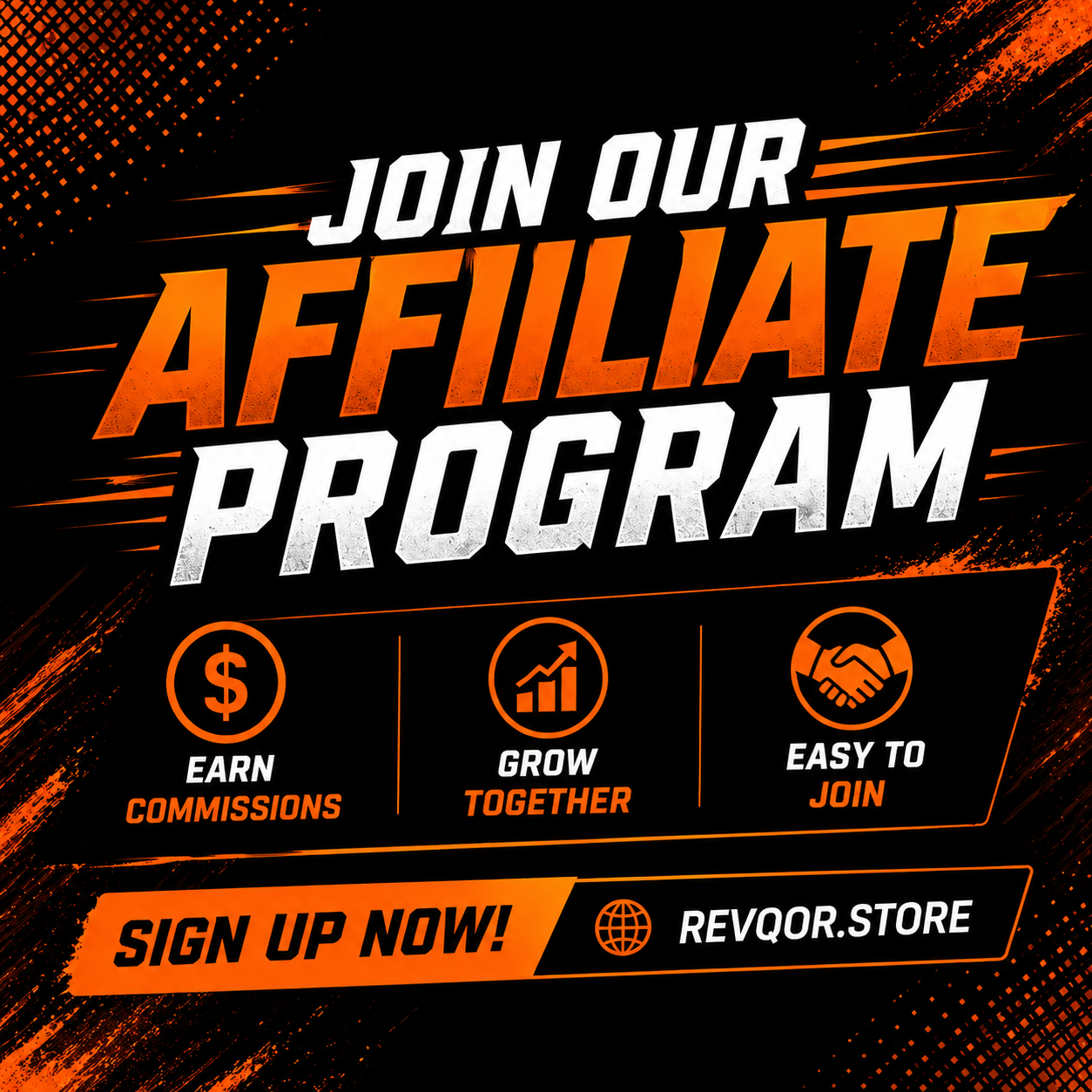 Promotional graphic for joining an affiliate program with text and icons on a dark background.