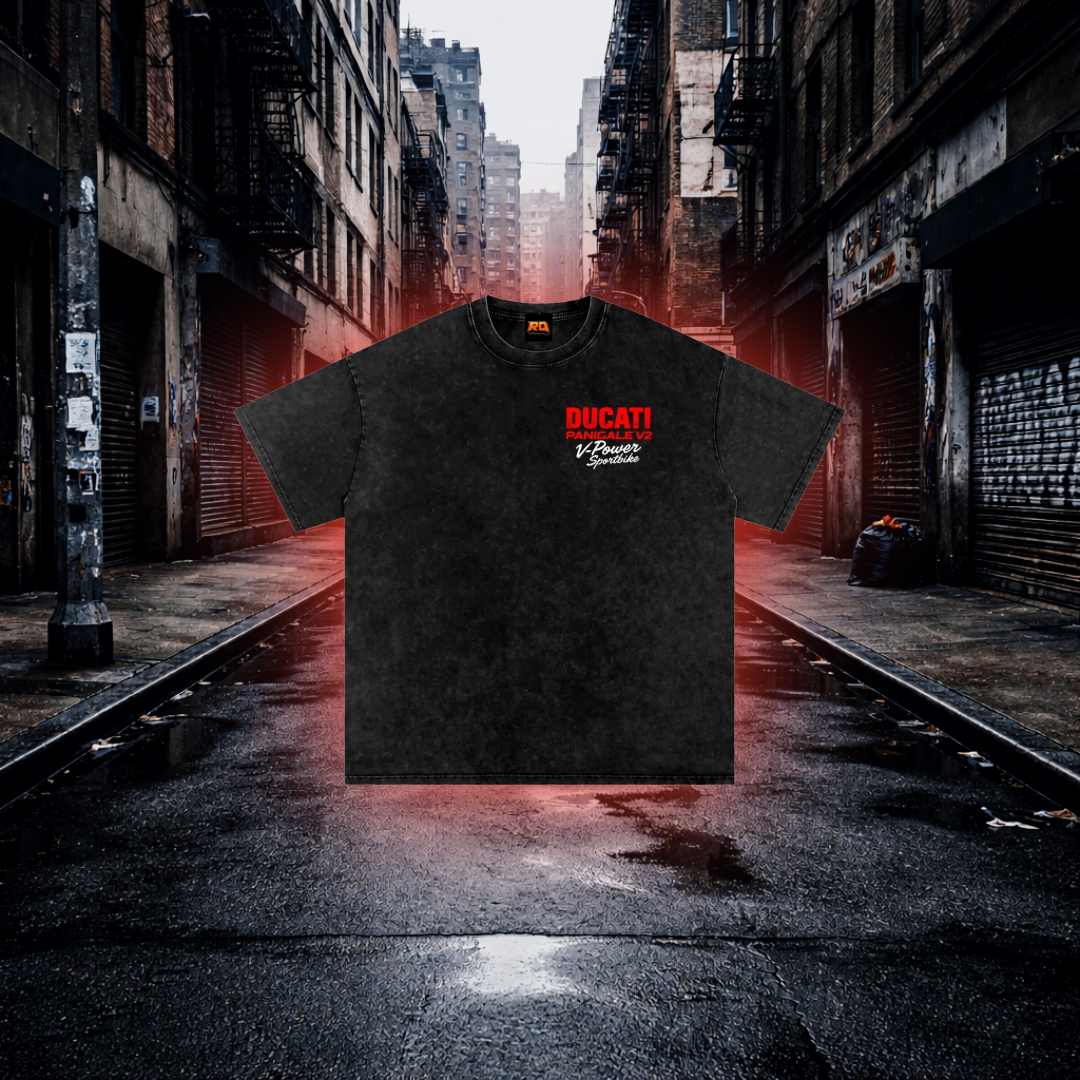 Black t-shirt with Ducati logo on a dark alleyway background