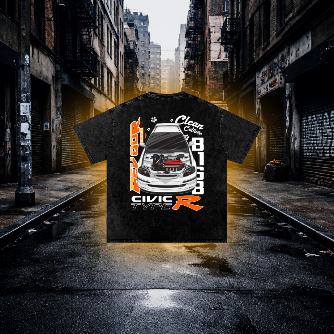 Black t-shirt with car graphic design in an urban alleyway
