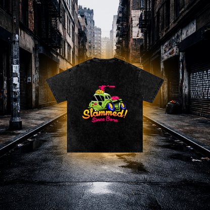 Black T-Shirt with a Bobby car design and text on the back on an Urban background
 Slammed Since Born Bobby Car Inspired T-Shirt – Premium Stance Streetwear Tee T-Shirt