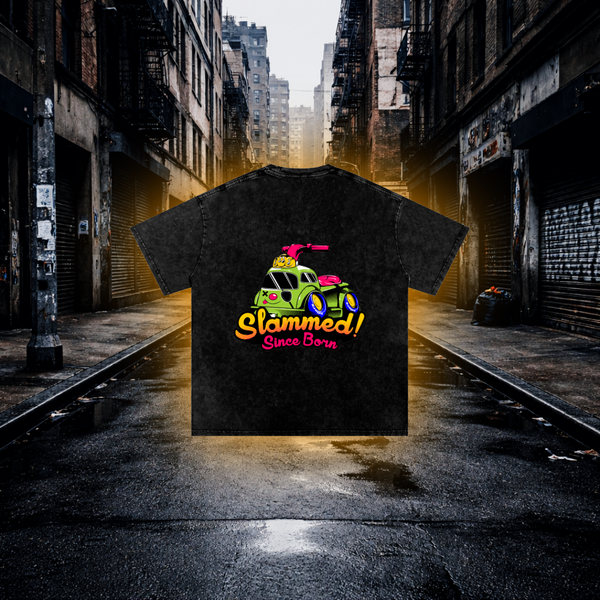 Black T-Shirt with a Bobby car design and text on the back on an Urban background
 Slammed Since Born Bobby Car Inspired T-Shirt – Premium Stance Streetwear Tee T-Shirt