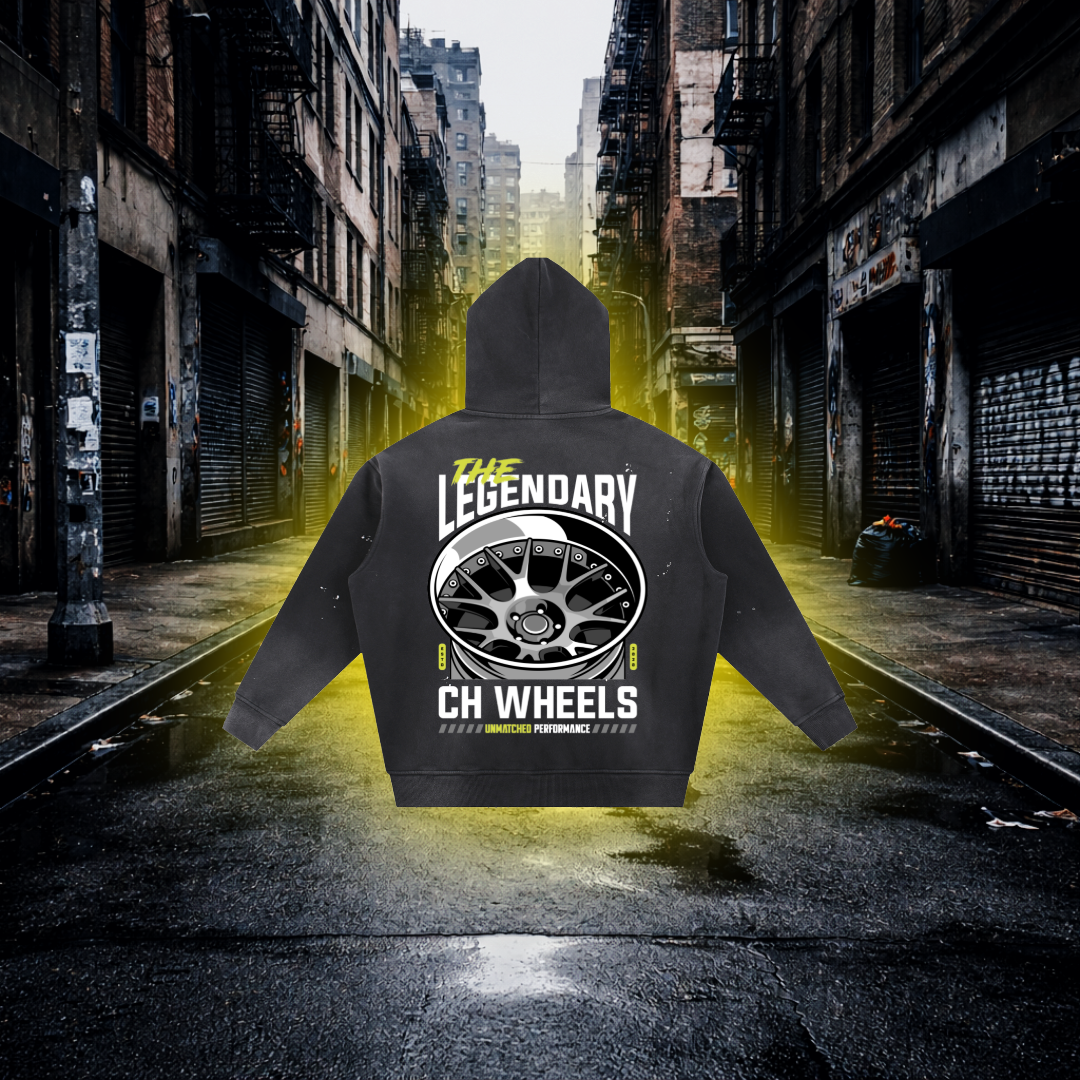 Black hoodie with 'The Legendary CH Wheels' design on an Urban background CH Wheels Inspired Hoodie – Premium Automotive Streetwear Hoodie
