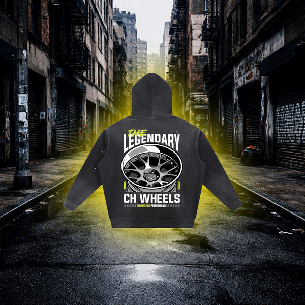 Black hoodie with 'The Legendary CH Wheels' design on an Urban background CH Wheels Inspired Hoodie – Premium Automotive Streetwear Hoodie