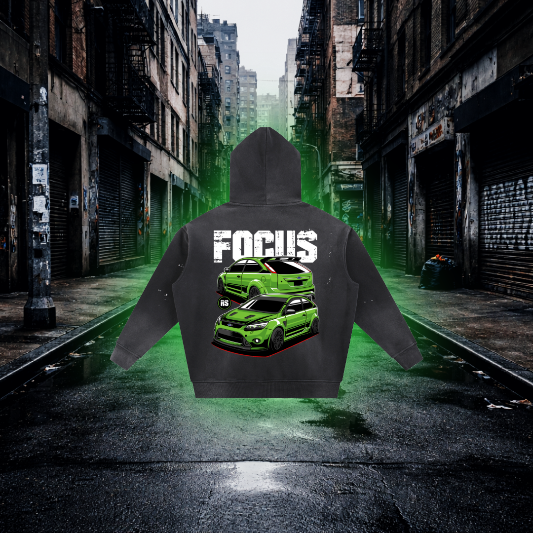 Hoodie with car design and 'FOCUS' text on a city street background Focus RS Inspired Green Fleece Hoodie – Premium Car Streetwear Hoodie