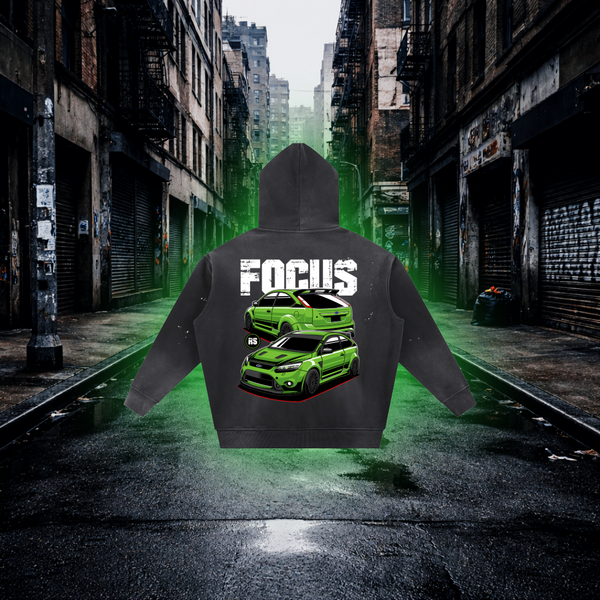 Hoodie with car design and 'FOCUS' text on a city street background Focus RS Inspired Green Fleece Hoodie – Premium Car Streetwear Hoodie