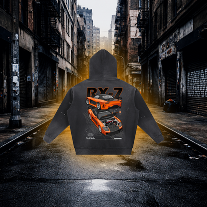 Black hoodie with car design on the back in an urban alleyway Han RX7 Drift Legend Inspired Hoodie – Premium Car Streetwear Hoodie