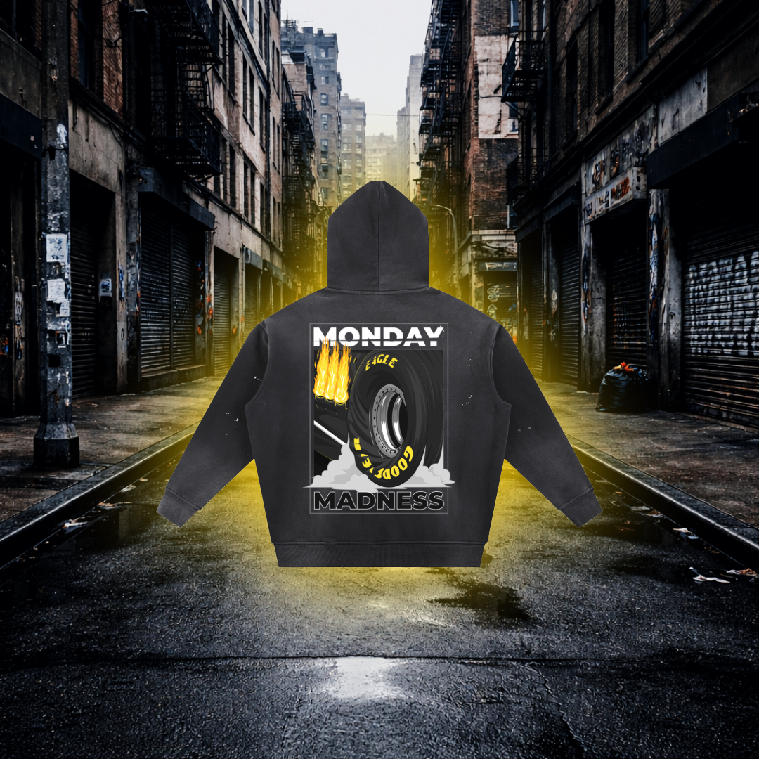 Black hoodie with 'Monday Madness' design on a city street background Monday Madness Drag Racing Hoodie – Premium Automotive Streetwear Hoodie
