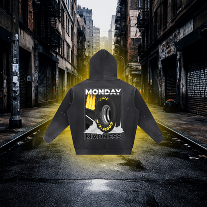 Black hoodie with 'Monday Madness' design on a city street background Monday Madness Drag Racing Hoodie – Premium Automotive Streetwear Hoodie