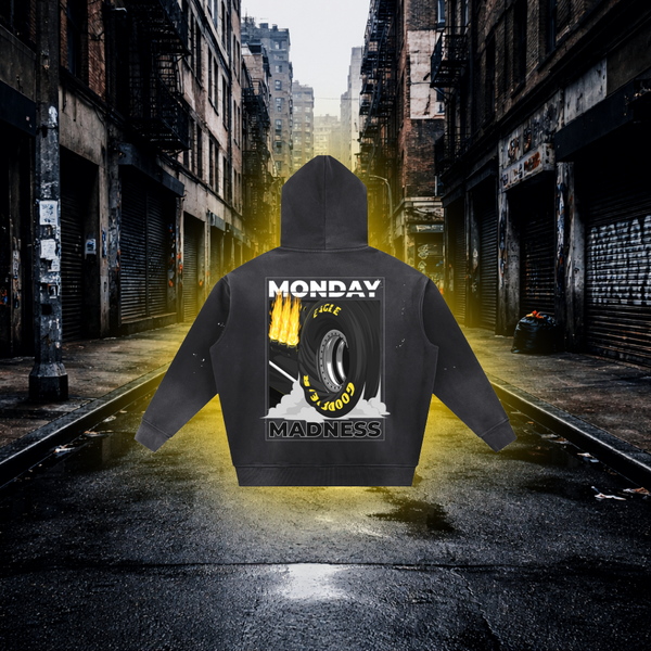Black hoodie with 'Monday Madness' design on a city street background Monday Madness Drag Racing Hoodie – Premium Automotive Streetwear Hoodie