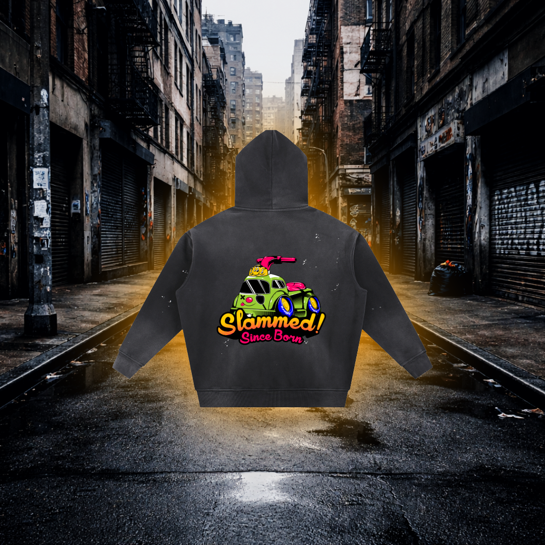 Hoodie with a Bobby car design and text on the back on an Urban background Slammed Since Born Bobby Car Inspired Hoodie – Premium Stance Streetwear Hoodie