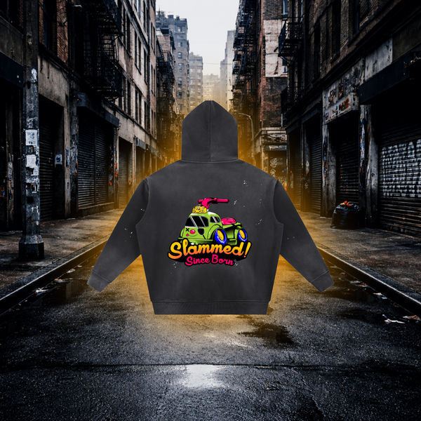 Hoodie with a Bobby car design and text on the back on an Urban background Slammed Since Born Bobby Car Inspired Hoodie – Premium Stance Streetwear Hoodie