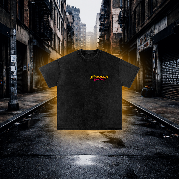 Black T-Shirt with 'Slammed! Since Born' text on the Chest on an Urban Background Slammed Since Born Bobby Car Inspired T-Shirt – Premium Stance Streetwear Tee T-Shirt