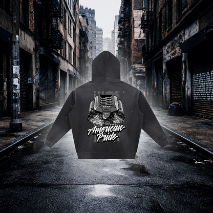 Hoodie with 'American Pride' text and a V8 Engine in an urban alleyway V8 Engine Inspired American Pride Hoodie – Premium Car Streetwear Hoodie