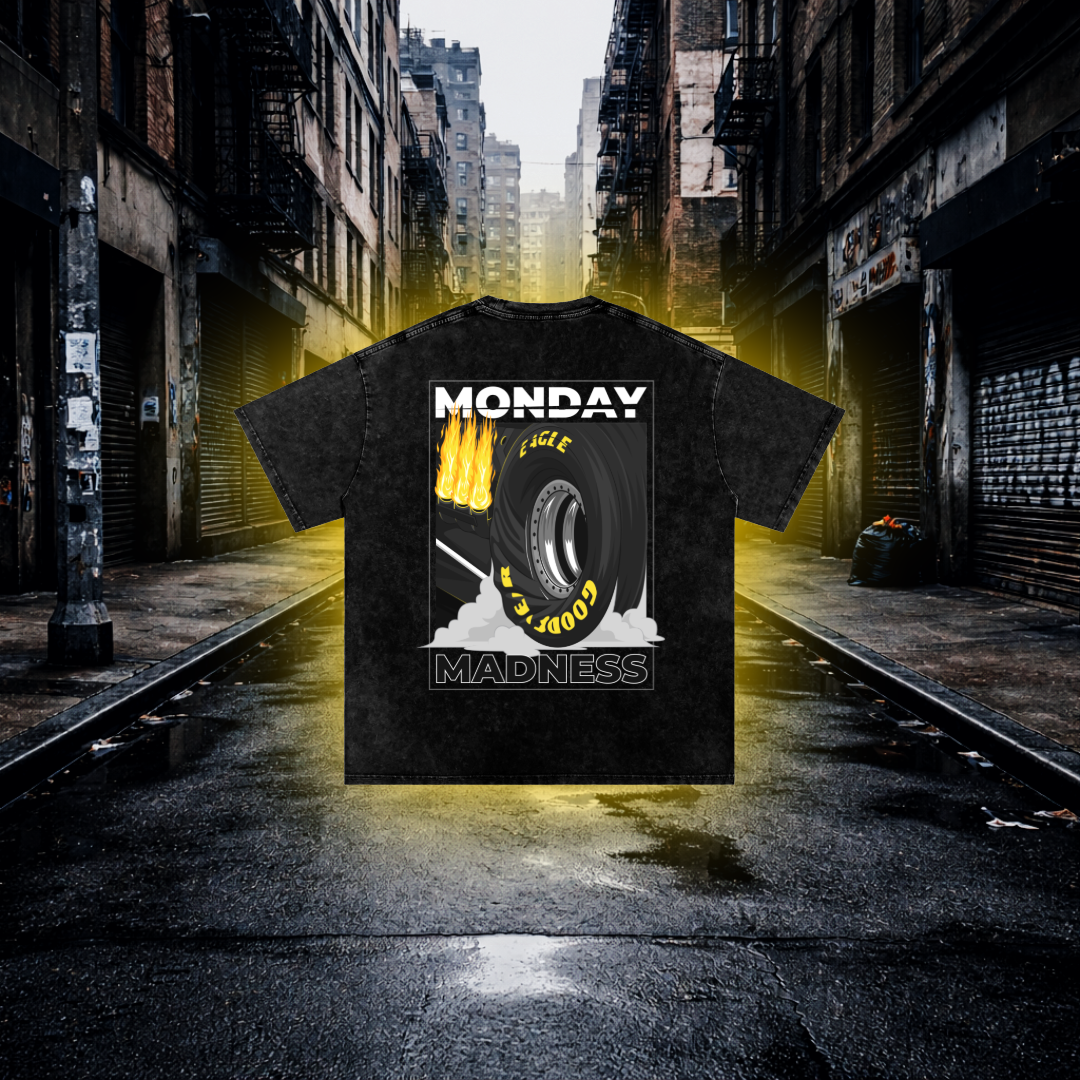 Black t-shirt with graphic design and text on a dark alleyway background Monday Madness Drag Racing T-Shirt – Premium Automotive Streetwear Tee T-Shirt