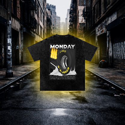 Black t-shirt with graphic design and text on a dark alleyway background Monday Madness Drag Racing T-Shirt – Premium Automotive Streetwear Tee T-Shirt