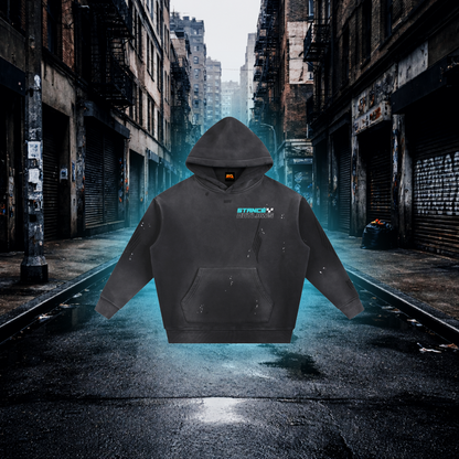 Black hoodie with a small chest design and "STANCE OUTLAWS" text on an urban street background Blue Stance Outlaws Hoodie – Premium Automotive Streetwear Hoodie