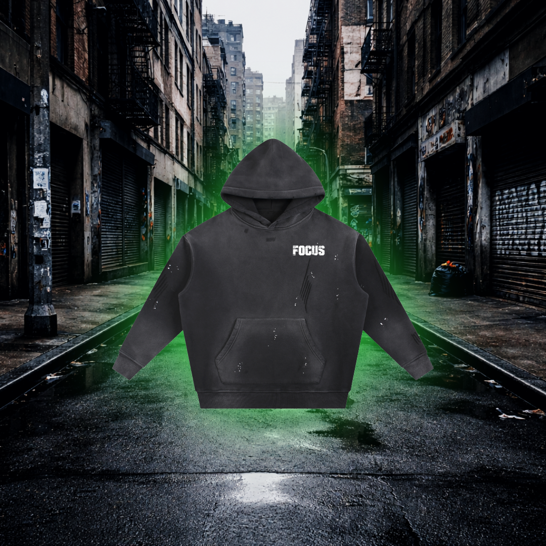 Black hoodie with 'FOCUS' text on a dark alleyway background Focus RS Inspired Green Fleece Hoodie – Premium Car Streetwear Hoodie
