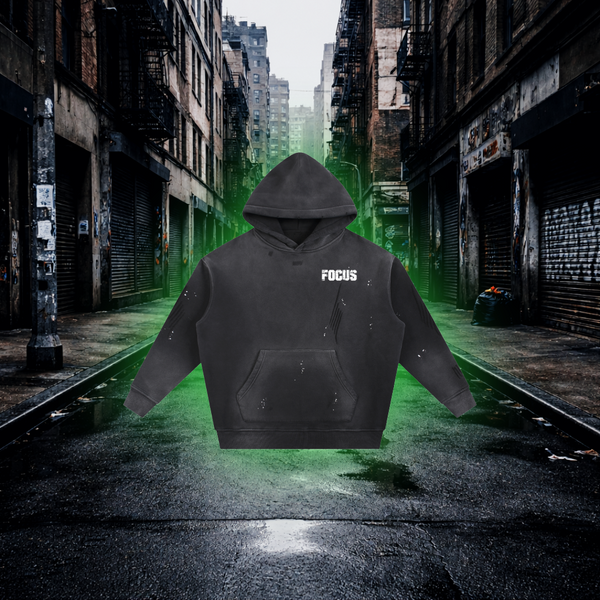 Black hoodie with 'FOCUS' text on a dark alleyway background Focus RS Inspired Green Fleece Hoodie – Premium Car Streetwear Hoodie