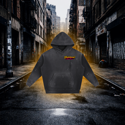 Black hoodie with 'Slammed! Since Born' text on the Chest on an Urban Background Slammed Since Born Bobby Car Inspired Hoodie – Premium Stance Streetwear Hoodie