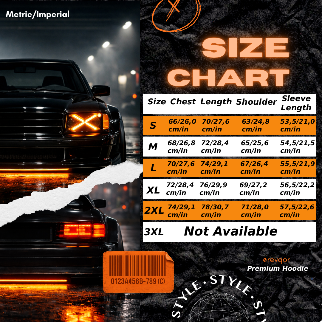 Black car with orange lights on a dark road at night, next to a size chart for a hoodie.