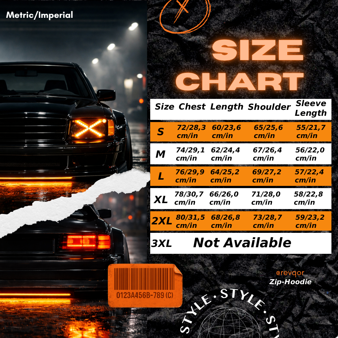 Size chart overlayed on a dark background with a car and street lights.